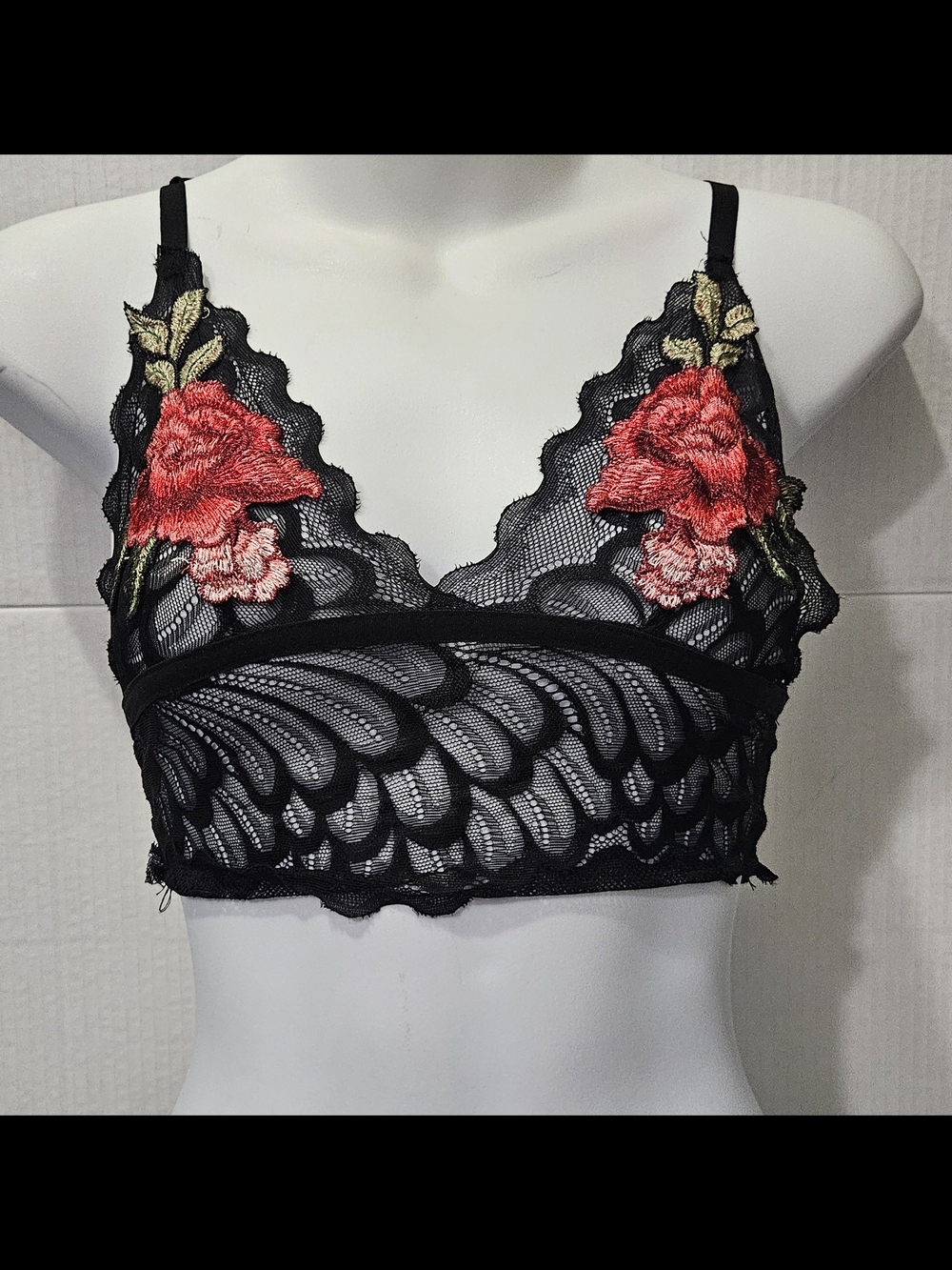Source Unknown Black Lace Bralette with Red Floral Appliqué